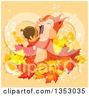 Clipart Of A Cute Squirrel Eating An Acorn Over Autumn Leaves And Grunge Splatters On Orange Royalty Free Vector Illustration