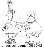 Outline Clipart Of A Cartoon Black And White Police Officer Arresting A Man Royalty Free Lineart Vector Illustration by djart