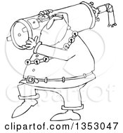 Outline Clipart Of A Cartoon Black And White Christmas Santa Carrying A Water Heater Royalty Free Lineart Vector Illustration by djart
