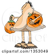 Poster, Art Print Of Cartoon Caveman Holding Halloween Jackolantern Pumpkins