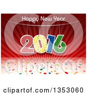Clipart Of A Happy New Year 2016 Greeting Banner Over Red Rays And Colorful Polka Dots Royalty Free Vector Illustration