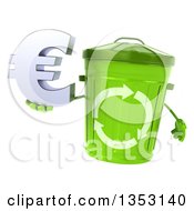 Clipart Of A 3d Recycle Bin Character Holding A Euro Symbol On A White Background Royalty Free Vector Illustration