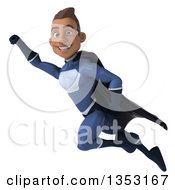 Clipart Of A 3d Young Indian Male Super Hero Dark Blue Suit Flying On A White Background Royalty Free Illustration