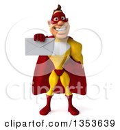 Clipart Of A 3d Muscular Male Yellow And Red Super Hero Holding Out An Envelope On A White Background Royalty Free Illustration by Julos