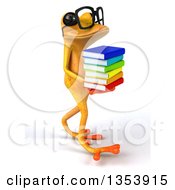 Clipart Of A 3d Bespectacled Yellow Springer Frog Walking And Holding A Stack Of Books On A White Background Royalty Free Vector Illustration by Julos