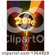 Poster, Art Print Of 3d Gold New Year 2016 Bursting From A Music Speaker Over A Rainbow With Flares On Black