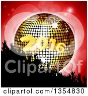 Poster, Art Print Of Silhouetted Crowd Of Hands Over A 3d Gold Disco Ball And New Year 2016 On Red