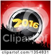 Poster, Art Print Of Silhouetted Crowd Of Hands Over A 3d Music Speaker And New Year 2016 Over Red
