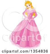 Happy Caucasian Princess Sleeping Beauty Posing In A Long Pink Dress With Both Hands On Her Hips