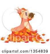 Clipart Of A Cute Squirrel Eating An Acorn In A Pile Of Autumn Leaves Royalty Free Vector Illustration
