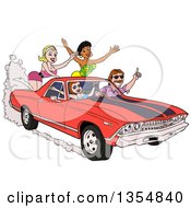Cartoon Man Driving Around Sexy Women In A Red 1969 Cheverolet El Camino Muscle Car Coupe Utility Pickup