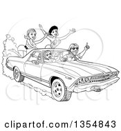 Cartoon Black And White Man Driving Around Sexy Women In A 1969 Cheverolet El Camino Muscle Car Coupe Utility Pickup
