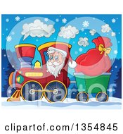 Poster, Art Print Of Cartoon Christmas Santa Claus Driving A Train And Pulling A Sack At Night