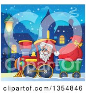 Poster, Art Print Of Cartoon Christmas Santa Claus Driving A Train And Pulling A Sack Through A Village At Night