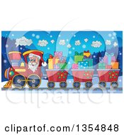 Poster, Art Print Of Cartoon Christmas Santa Claus Driving A Train And Pulling Carts Of Gifts At Night