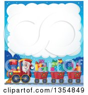 Poster, Art Print Of Cartoon Christmas Santa Claus Driving A Train And Pulling Carts Of Gifts Under A Steam Cloud