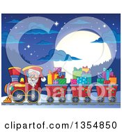 Poster, Art Print Of Cartoon Christmas Santa Claus Driving A Train And Pulling Carts Of Gifts At Night Against A Full Moon