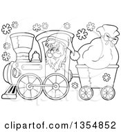 Poster, Art Print Of Cartoon Black And White Christmas Santa Claus Driving A Train And Pulling A Sack