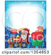 Poster, Art Print Of Cartoon Border Of A Christmas Santa Claus Driving A Train And Pulling A Sack With Text Space
