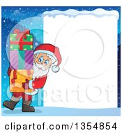 Poster, Art Print Of Cartoon Christmas Santa Claus Carrying A Stack Of Gifts By A Snow Frame