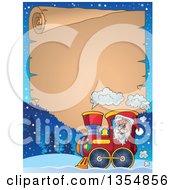 Poster, Art Print Of Cartoon Christmas Santa Claus Driving A Train Under A Parchment Scroll