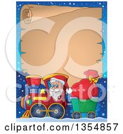 Poster, Art Print Of Cartoon Christmas Santa Claus Driving A Train And Pulling A Sack Under A Parchment Scroll