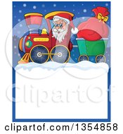 Poster, Art Print Of Cartoon Christmas Santa Claus Driving A Train And Pulling A Sack Over A Snow Frame