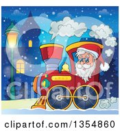 Poster, Art Print Of Cartoon Christmas Santa Claus Driving A Train Through A Village At Night