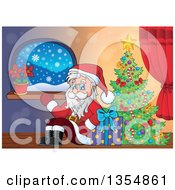 Poster, Art Print Of Cartoon Christmas Santa Claus Waving And Sitting With A Gift By A Tree