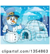Cartoon Christmas Snowman Presenting An Igloo