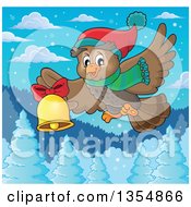 Poster, Art Print Of Cartoon Christmas Owl Wearing A Winter Scarf And Hat Flying Over A Snow Covered Forest And Ringing A Bell
