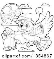 Poster, Art Print Of Cartoon Black And White Christmas Owl Wearing A Winter Scarf And Hat Flying And Ringing A Bell