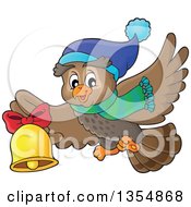 Poster, Art Print Of Cartoon Christmas Owl Wearing A Winter Scarf And Hat Flying And Ringing A Bell