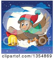 Poster, Art Print Of Cartoon Christmas Owl Wearing A Winter Scarf And Hat Flying Over A Full Moon And Ringing A Bell