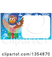 Cartoon Christmas Owl Flying A Gift By A Blank Sign