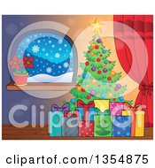 Poster, Art Print Of Cartoon Colorful Christmas Tree With Gifts Near A Window With A Poinsettia