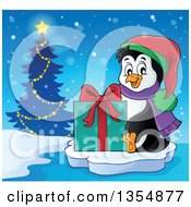 Poster, Art Print Of Cartoon Christmas Penguin Holding A Gift And Sitting On Ice Near A Tree