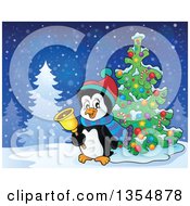 Poster, Art Print Of Cartoon Christmas Penguin Ringing A Bell By A Tree
