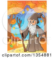 Poster, Art Print Of Cartoon Senior Druid Man On A Path With Autumn Trees