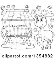 Poster, Art Print Of Cartoon Black And White Reindeer By A Hay Rack Feeder In The Snow