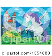 Poster, Art Print Of Cartoon Winged Pegasus Horse Rearing Near A Castle