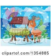 Poster, Art Print Of Cartoon Reindeer By A Hay Rack Feeder And Bird
