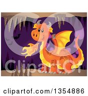 Poster, Art Print Of Cartoon Orange Fire Breathing Dragon In A Cave With Bats