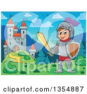 Poster, Art Print Of Happy Knight Boy Holding A Sword Near A Castle