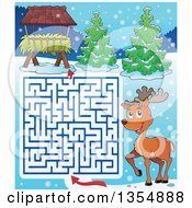 Poster, Art Print Of Cartoon Maze Of A Reindeer Trying To Get To A Hay Rack Feeder