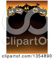 Poster, Art Print Of Cartoon Illuminated And Silhouetted Halloween Jackolantern Pumpkins Over A Text Space On Orange