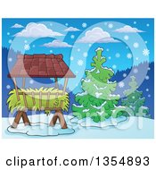 Poster, Art Print Of Cartoon Hay Rack Feeder And Evergreen Trees In The Snow