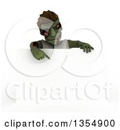 Poster, Art Print Of 3d Zombie Character Pointing Down Over A Blank Sign On A Shaded White Background
