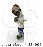 Clipart Of A 3d Zombie Character Pointing Around A Sign On A Shaded White Background Royalty Free Illustration