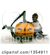 Poster, Art Print Of 3d Zombie Character Leaning On A Giant Halloween Jackolantern Pumpkin On A Shaded White Background